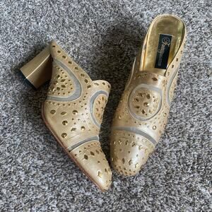 Vintage Fantasy Collection gold studded mesh mule heels